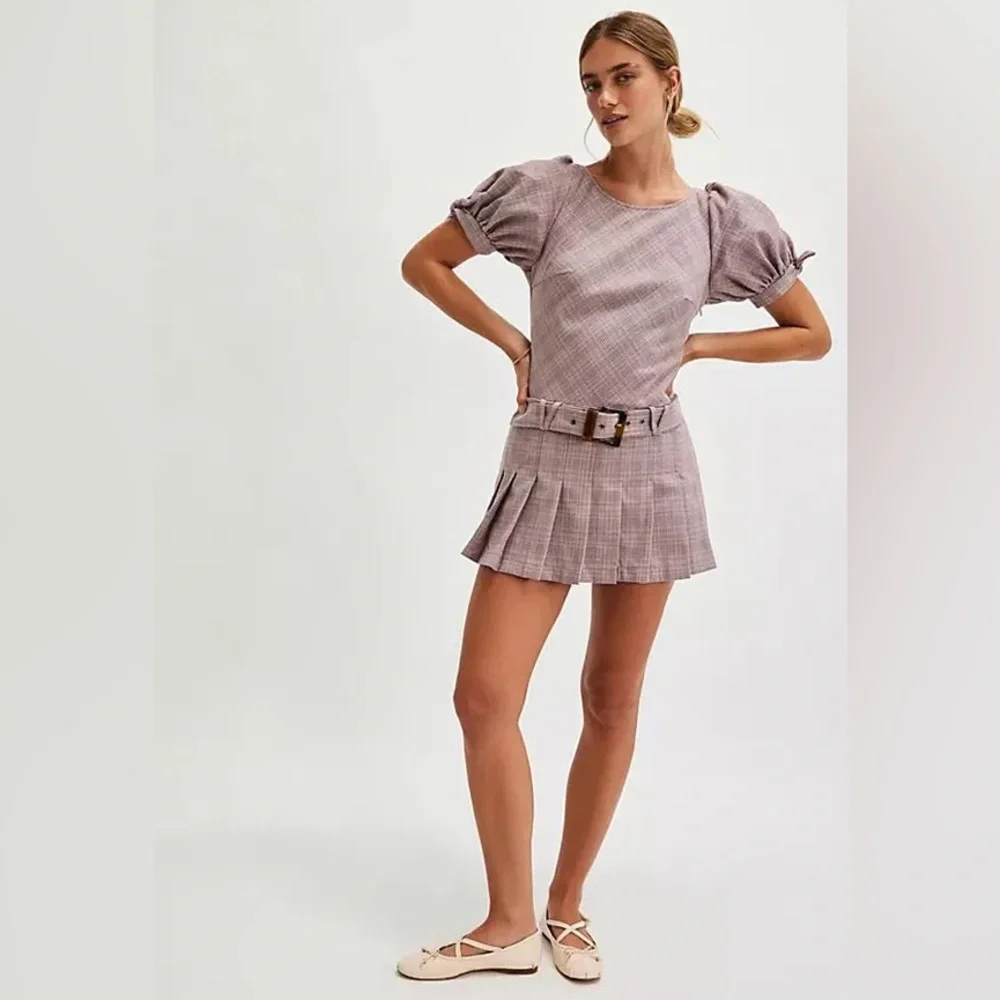 NWOT Free People Sevi Belted Plaid Pleated Mini Dress in Gray & Pink Combo